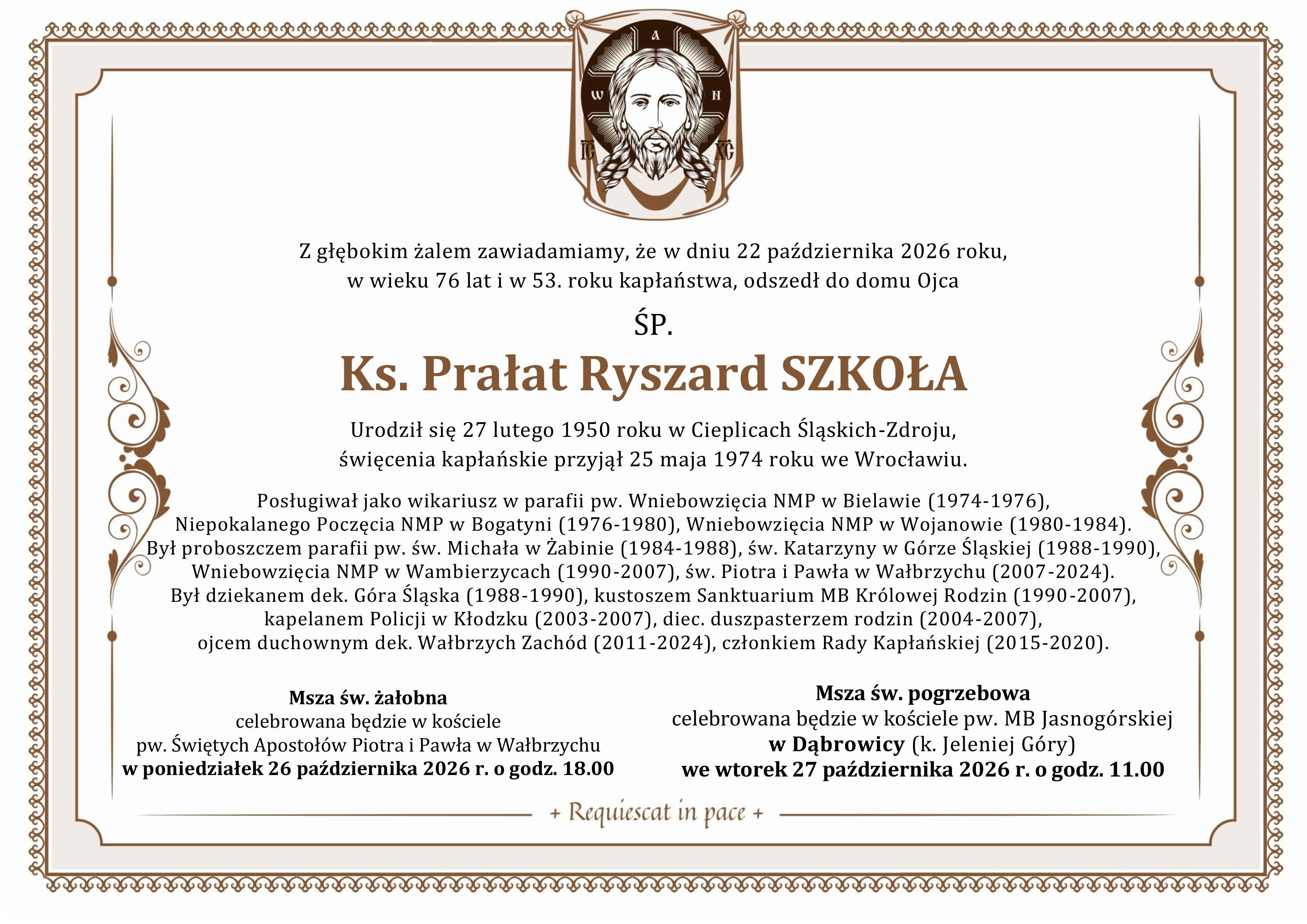 Zmarł Ks. Prałat Ryszard Szkoła